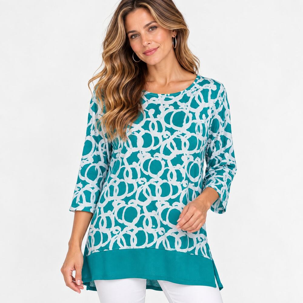 Susan Graver Liquid Knit Blouse Women's Size M Teal Circles Office Casual Boho